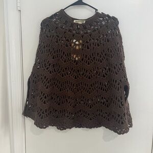 NWT Brown Crochet Poncho Open Knit Chunky Bohemian Cottagecore Grunge Whimsical